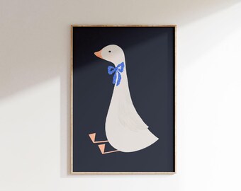 Bow-tied Goose Art Print | Cute Silly Goose Print | Hand-drawn Nursery Decor|  Digital Download| Playful Animal Poster| Printable Art| L 068