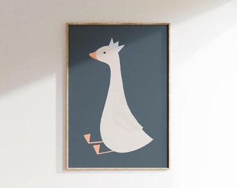 Crowned Quack Art Print | Cute Silly Goose Print | Hand-drawn Nursery Decor|  Digital Download| Playful Animal Poster| Printable Art| L 067