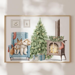 Muurafdruk wachten op kerstman| Muurafdruk Once Upon a Christmas Time| Schattige dierenprint | Kerst afdrukbare muurafdruk |Afdrukbare kunst|L182