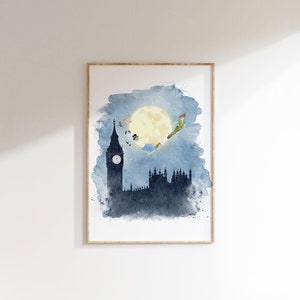 Impresión artística de Peter Pan / Impresión de acuarela de Peter Pan / Decoración infantil dibujada a mano / Descarga digital / Póster de Nunca Jamás / Arte imprimible / L 070