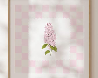 Lilac Flower Wall Art| Instant Downloadable Wall Print| Trendy Floral Art Print  Checkered Wall Art|Cottage Decor|Nursery Printable Art|L381