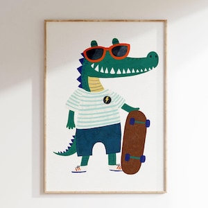 Impresión de pared de un lindo cocodrilo patinador/ Impresión ecléctica para habitación infantil/ Decoración colorida para habitación infantil/ Arte de pared con animales divertidos/ Arte imprimible/L162