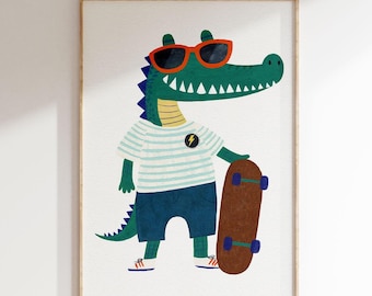 May include: A green crocodile wearing orange sunglasses and a blue and white striped shirt holds a brown skateboard. The crocodile has a lightning bolt on its shirt.