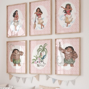 Moana Wall Art - Set of 6 | Instant Downloadable Wall Print | Polynesian Princess Digital Prints | Maui, HeiHei, Pua Nursery Decor |L664