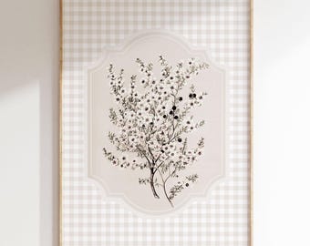 Impresión digital de flores vintage / Impresión botánica vintage / Impresión de colores neutros / Impresión de cuadros vichy vintage / Decoración de cabañas / Arte imprimible / L397