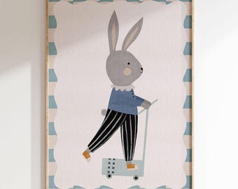 May include: A framed illustration of a gray rabbit wearing a blue shirt and black and white striped pants riding a blue scooter. The frame has a light blue and white checkered border.