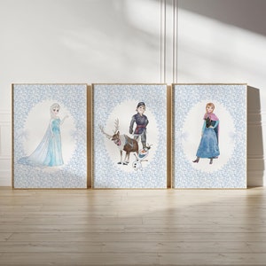 Set of 3 Frozen Digital Wall Prints | Princess Elsa and Anna Art Prints | Olaf, Kristoff and Sven Prints| Nursery Decor| Printable Art| L113