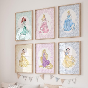 Set of 6 Princess Digital Wall Prints | Princess Cinderella, Snow White, Belle, Aurora, Rapunzel, and Ariel Art Prints| Nursery Decor| L662