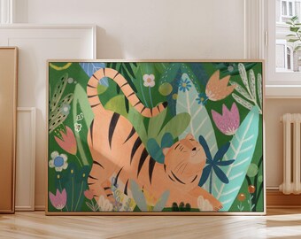 Happy Tiger Wall Art| Hand-drawn Tiger Art| Nursery Wall Decor| Kids Room Decor| Digital Download| Playful Animal Poster|Printable Art|L 028