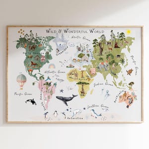 Wild and Wonderful World Printable Art |  Digital herunterladbare Wandkunst | Karte der Tiere | Poster fürs Kinderzimmer | Aquarell Karte | L389