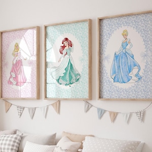 Set of 3 Princess Digital Wall Prints | Princess Aurora, Ariel, and  Cinderella Art Prints|Princess Prints| Nursery Decor|Printable Art|L318