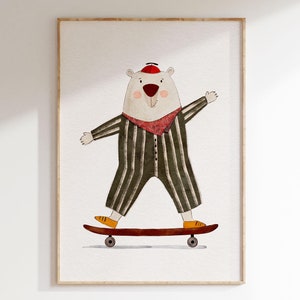 Cute Little Skateboarding Bear Wall Print| Eclectic Nursery Wall Print | Bear in Pyjamas Room Decor| Fun Animal Wall Art |Printable Art|L207