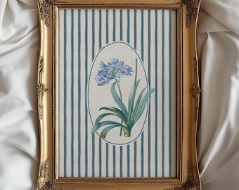 Vintage blaue Blumen Wandbild | Gestreiftes Blaues Blumenmuster | Digital herunterladbare Wandkunst | Cottage Dekor | Kinderzimmer Dekor | Druckbare Kunst|L354