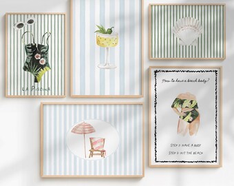 Juego de 5 impresiones de arte de pared de playa de verano / Estampados de traje de baño tropical, cóctel, conchas y sombrillas / Estampados retro de verano con rayas / Arte imprimible / L587