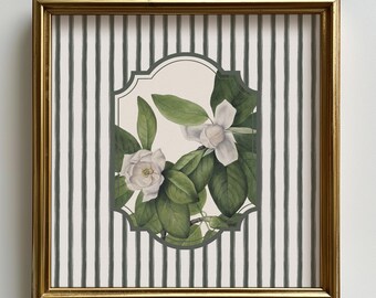 Vintage Magnolie Wandkunst | Gestreifte weiße Blumenwand | Digital herunterladbare Wandkunst | Cottage Dekor | Kinderzimmer Dekor|Druckbare Kunst|L371