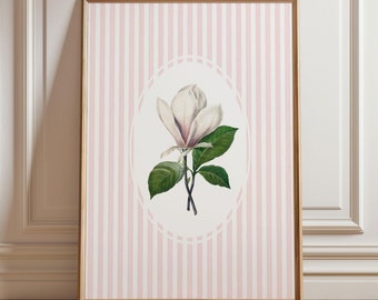 Vintage Magnolia Wall Print | Blush Striped Minimal Floral Wall Art | Digital Downloadable Wall Art| Trendy Cottage Decor|Printable Art|L279