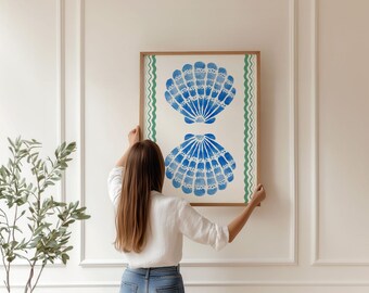 Arte mural de conchas marinas / Impresión mural de conchas marinas azules / Decoración moderna / Arte mural descargable digital / Arte costero / Decoración infantil / Dibujado a mano / L606