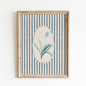 Impressão de parede de flor azul vintage | Impressão floral azul listrada | Arte de parede digital para download | Decoração de casa de campo | Decoração de berçário | Arte para impressão | L353