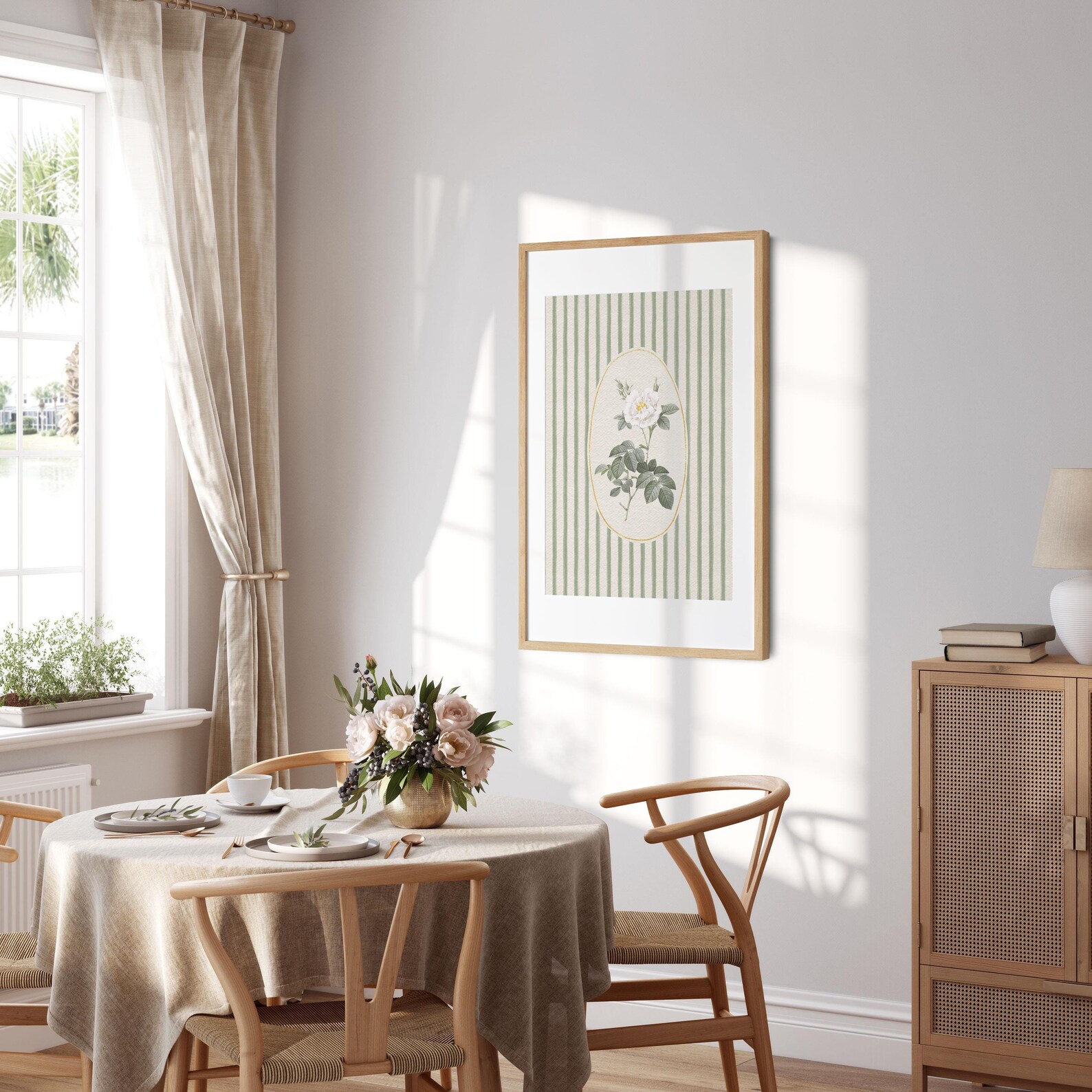 Greem Rose Print Vintage Rose Wall Art | Green Striped Print| Rose Flower Wall Print ...