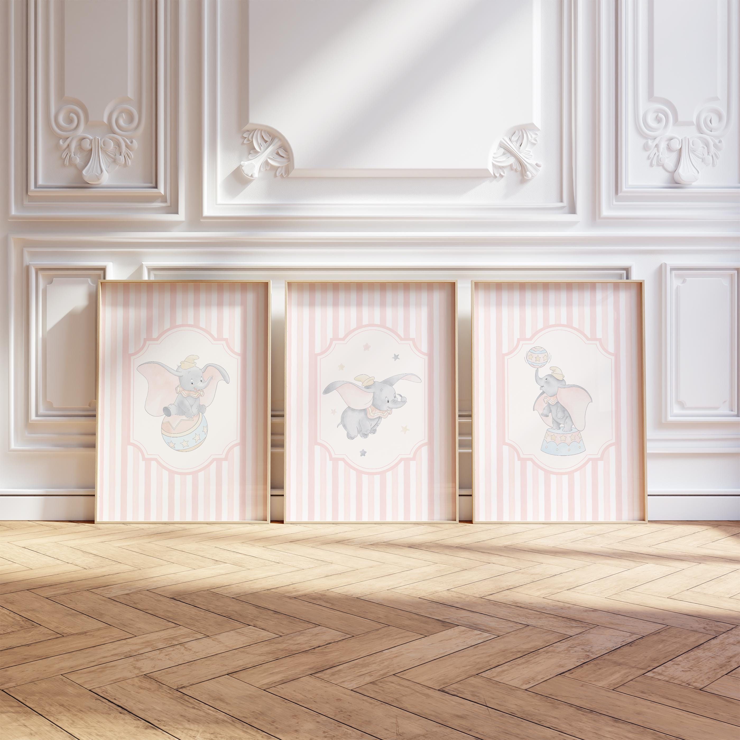 Set of 3 Dumbo Nursery Wall Prints | Circus Digital Art Print