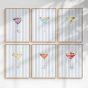 Martini Cocktail Regenbogen Wanddrucke - 6er Set | Sommergetränk Druck | Blau gestreifter Cocktaildruck | Cocktail-Poster | Digitaler Download| L614