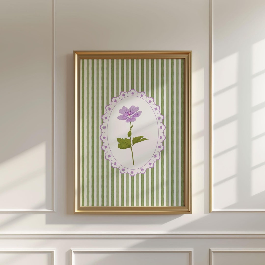 Lilac Flower Wall Print | Green Striped Minimal Floral Wall Art ...