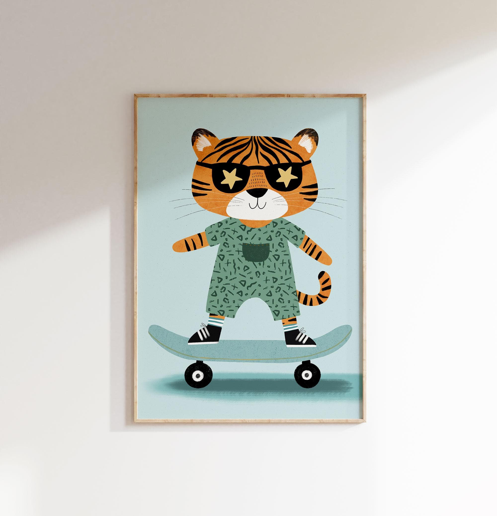 Animal Couture Peluche Pantera Trudi Cute Little Tiger On Skateboard Wall  Print| Eclectic Nursery Wall