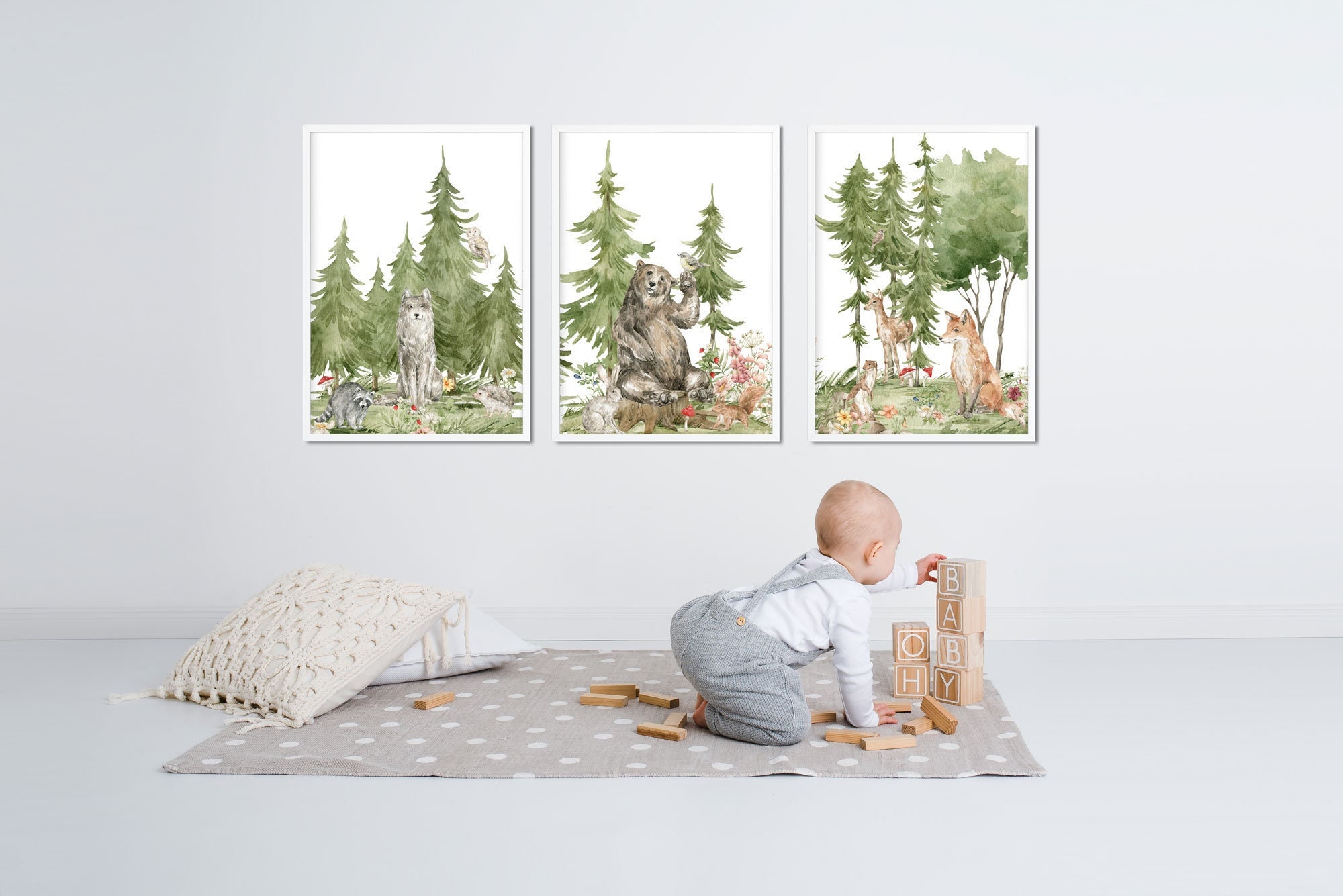 Set of 3 Woodland Nursery Wall Art | Whimsical Forest Digital Art Print ...