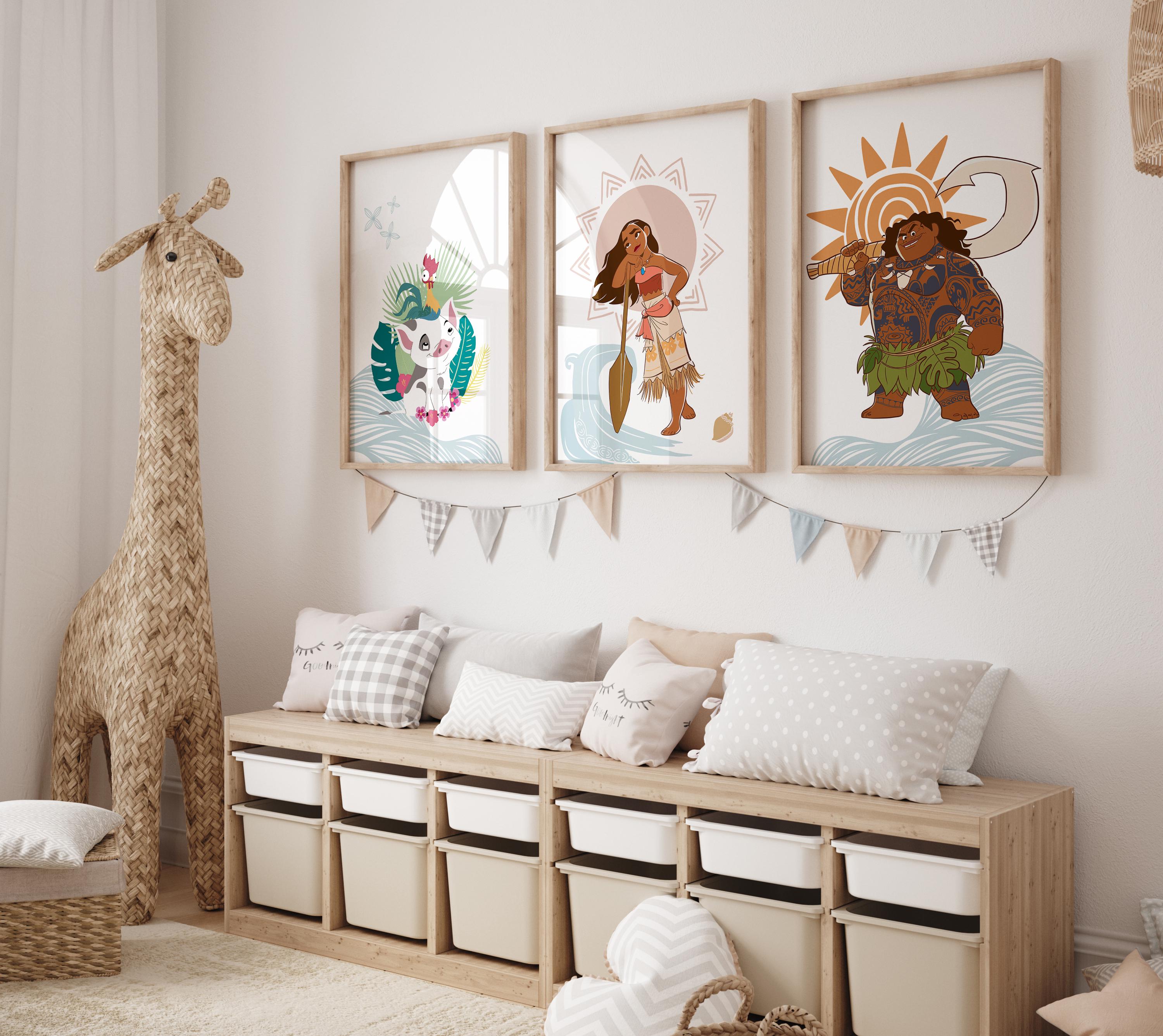 Moana and Maui Nursery Prints, Teal Waves & Tropical Leaves
