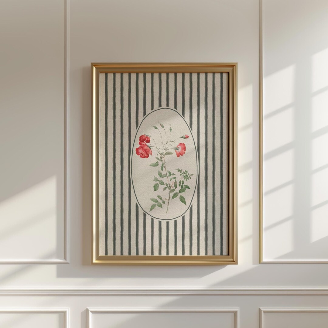 Vintage Red Rose Wall Art | Striped Rose Flower Wall Print | Digital ...