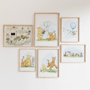 Arte de parede para impressão de galeria de estilo clássico do Ursinho Pooh e amigos | Arte para impressão de mapa de madeira de 100 acres | Impressão digital clássica do Pooh | L316