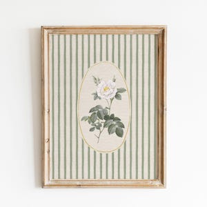 Greem Rose Print Vintage Rose Wall Art | Green Striped Print| Rose Flower Wall Print ...
