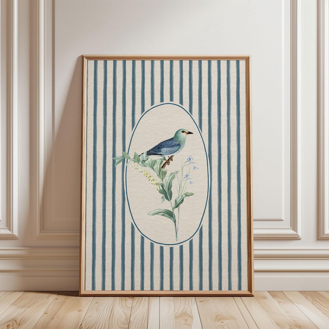 Vintage Blue Bird Wall Print | Striped Blue Floral Print | Digital ...