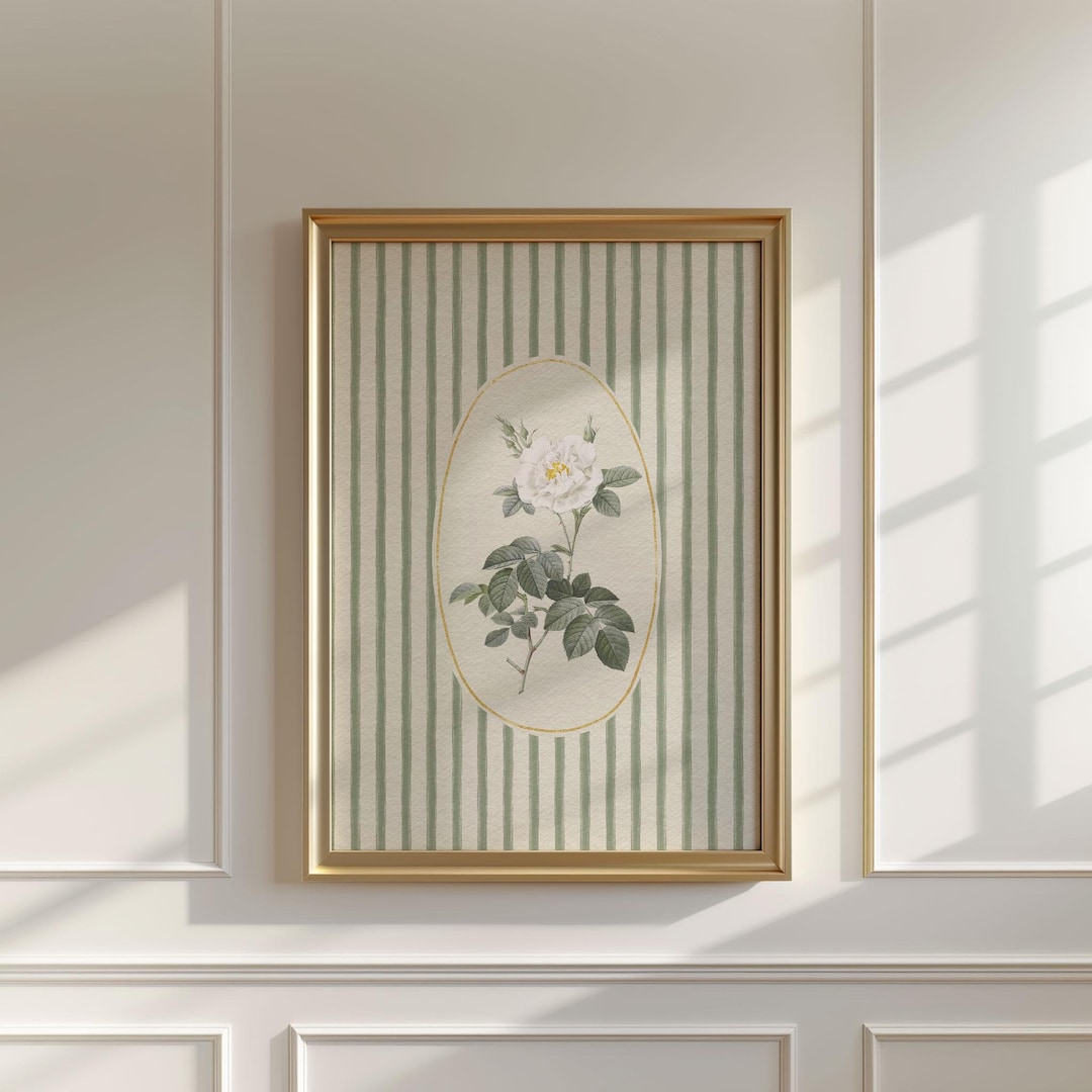 Greem Rose Print Vintage Rose Wall Art | Green Striped Print| Rose Flower Wall Print ...