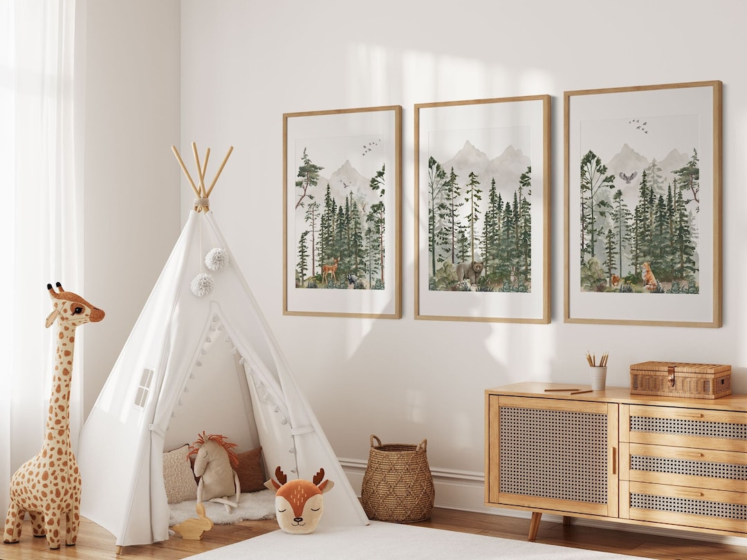 Set of 3 Woodland Nursery Wall Art | Whimsical Forest Digital Art Print ...