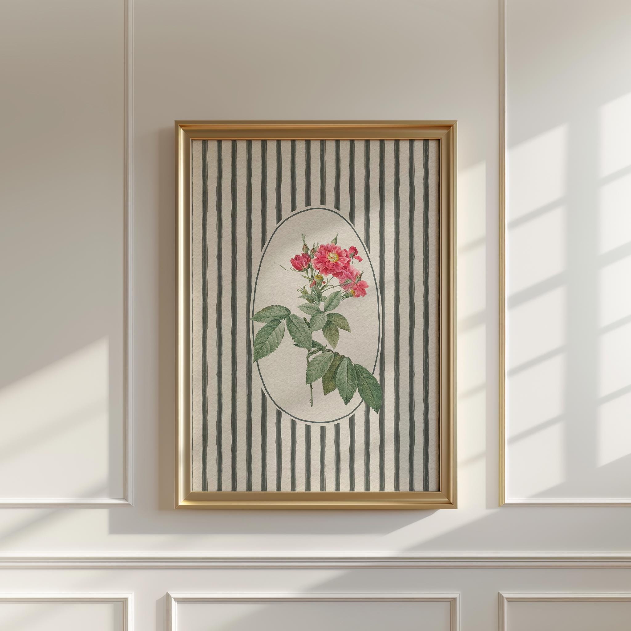 Vintage Red Rose Wall Art | Striped Rose Flower Wall Print | Digital ...