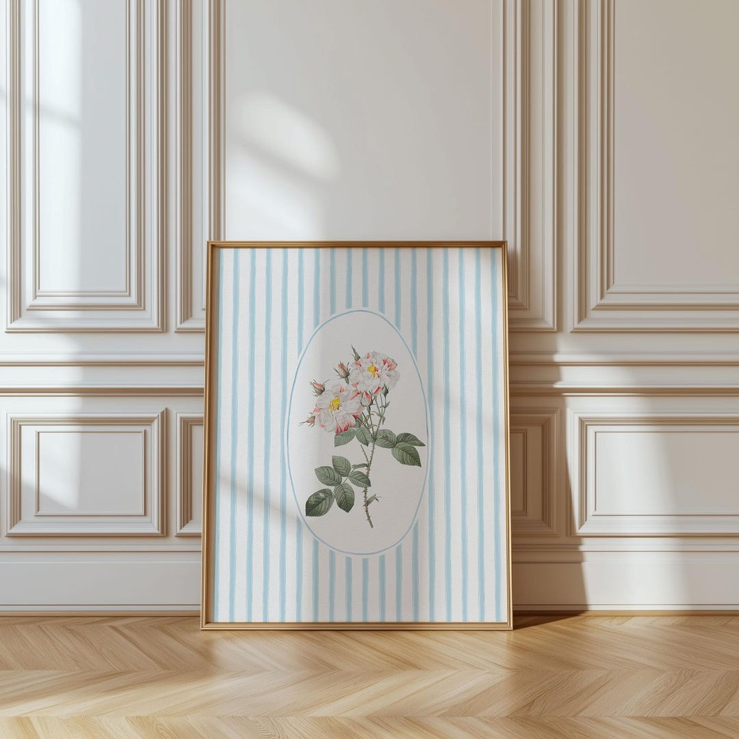 Vintage Rose Wall Art | Blue Striped Print| Rose Flower Wall Print ...