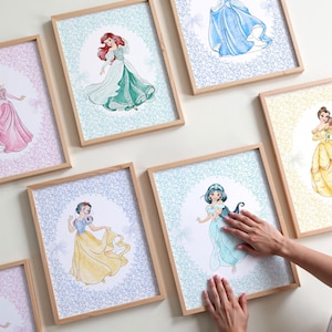 Set of 6 Princess Digital Wall Prints | Princess Aurora, Ariel, Cinderella, Belle, Jasmine, and Snow White Art Prints| Nursery Decor| L399