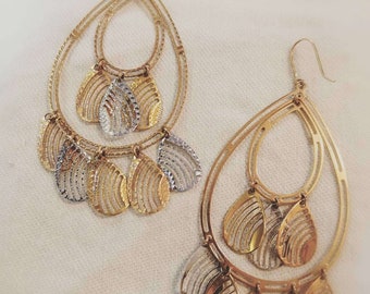 Three Toned Gold Pear Shape Dangle Earrings