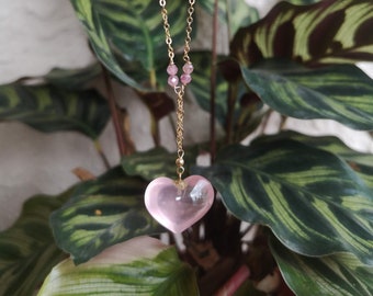 Pink Crystal Heart with Colored Beads Gold Necklace