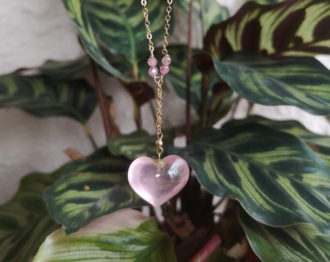 Pink Crystal Heart with Colored Beads Gold Necklace