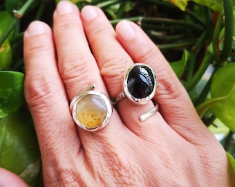 Handmade Agate and Oynx Stones Dual Silver Ring/Band
