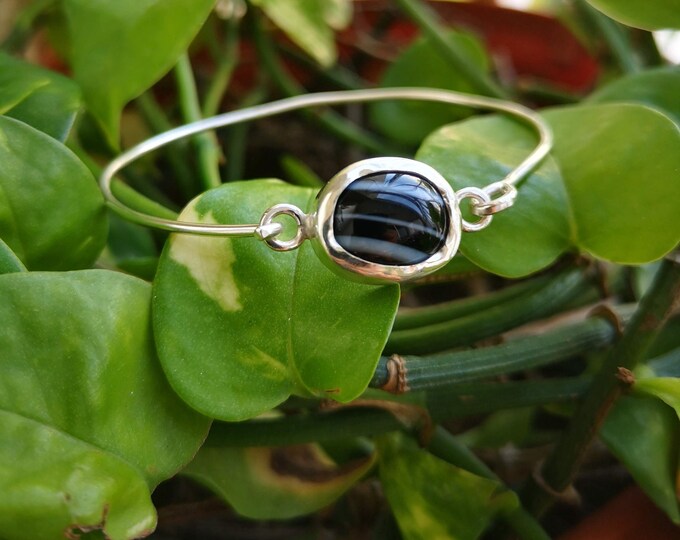 Handmade Silver Stripe Agate Stone Open Hook Bangle