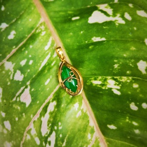 Light Green Marquise Shape Jade with Leaf inspired Gold Pendant/Charm