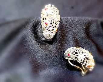 Flower Theme Ruby Diamond White Gold Hoop Earrings