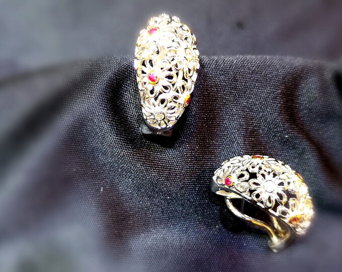 Flower Theme Ruby Diamond White Gold Hoop Earrings