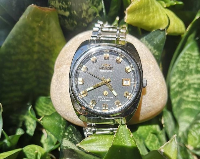 Vintage Mondia 9 Black Face Gold Dial Watch