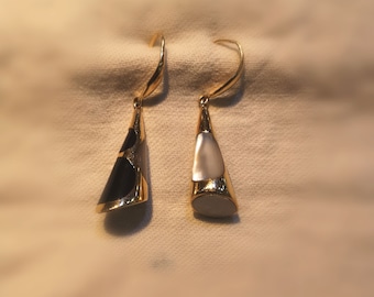 Cone inspired Onyx and Mother of Pearl Gold Earrings