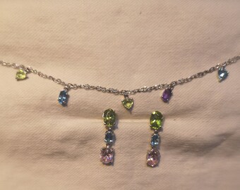 Multi Color Stones Charm Earrings (Green, Blue and Purple)