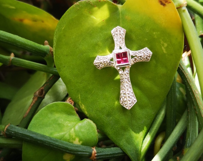 Square Celtic Ruby Diamond Cross Pendant